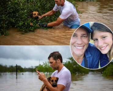 Tom Brady didn’t sign autographs or toss footballs—he picked up a soaked, shivering dog in the Texas flood and quietly said, “I’ll take him home.” What broke the internet was the text he sent his daughter: “I can’t bring you everything you ask for, but this dog needs a home—and I think you’d say yes.” No fanfare, no headlines, just a dad, a dog, and a gesture of kindness that drowned half the internet in tears.